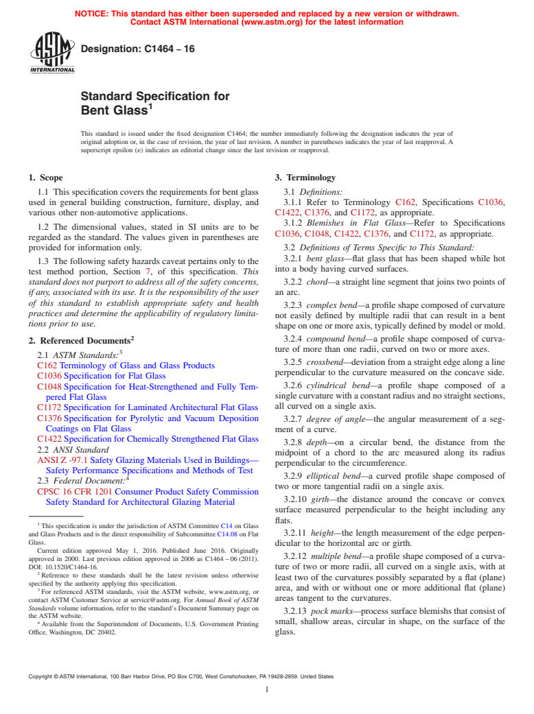 ASTM C1464-16 - Standard Specification for  Bent Glass