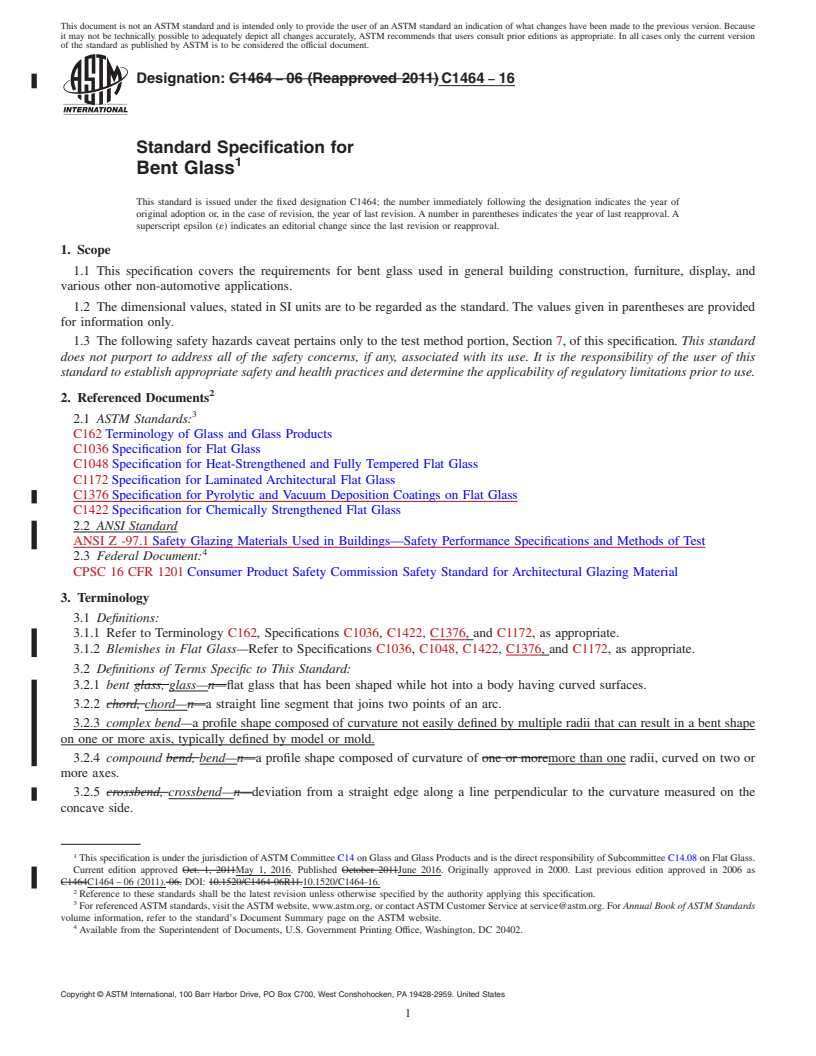 REDLINE ASTM C1464-16 - Standard Specification for  Bent Glass