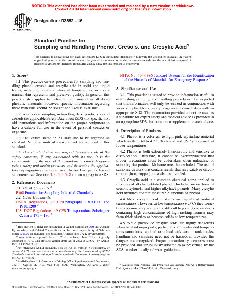 ASTM D3852-16 - Standard Practice for Sampling and Handling Phenol, Cresols, and Cresylic Acid