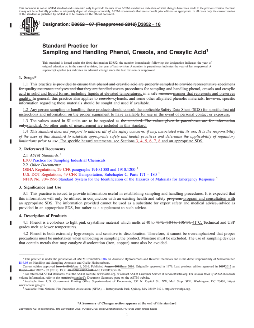 REDLINE ASTM D3852-16 - Standard Practice for Sampling and Handling Phenol, Cresols, and Cresylic Acid