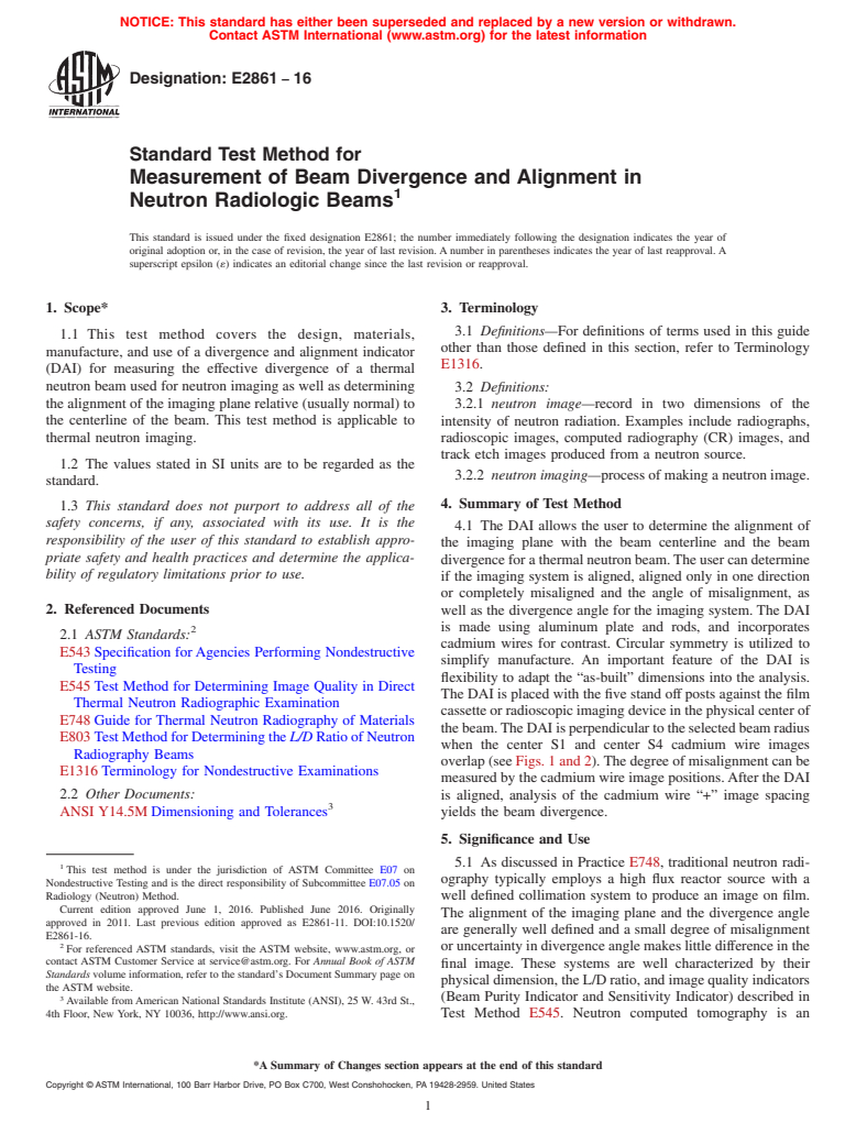 ASTM E2861-16 - Standard Test Method for  Measurement of Beam Divergence and Alignment in Neutron Radiologic  Beams