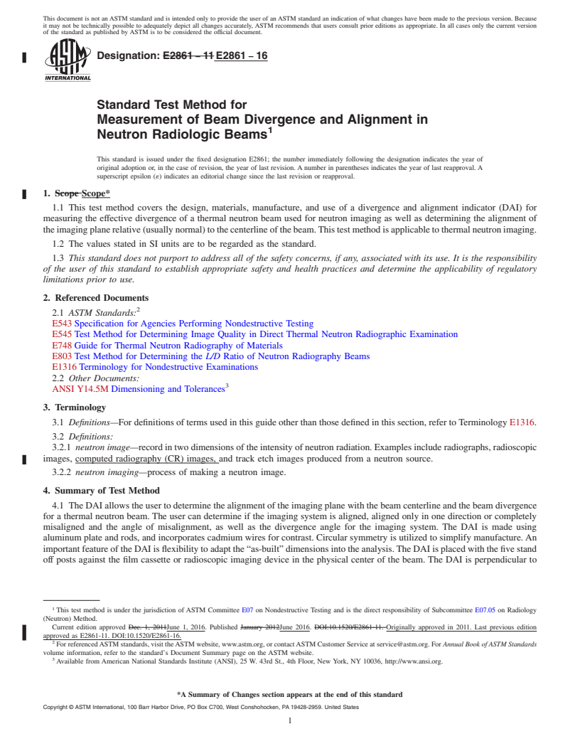 REDLINE ASTM E2861-16 - Standard Test Method for  Measurement of Beam Divergence and Alignment in Neutron Radiologic  Beams