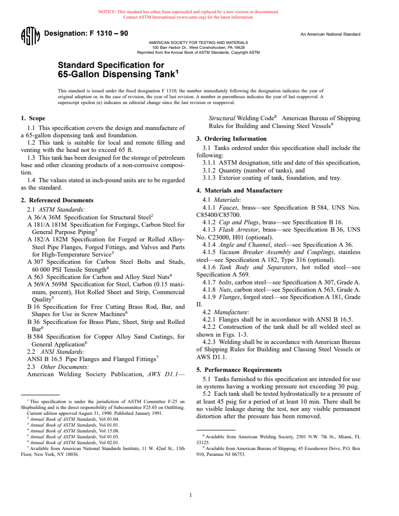 ASTM F1310-90 - Specification for 65-Gallon Dispensing Tank (Withdrawn 1996)