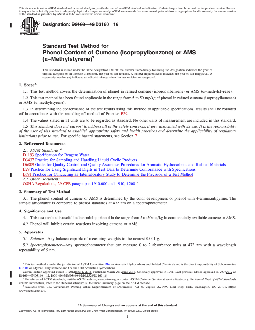 REDLINE ASTM D3160-16 - Standard Test Method for  Phenol Content of Cumene (Isopropylbenzene) or AMS (&alpha;&#x2013;Methylstyrene)