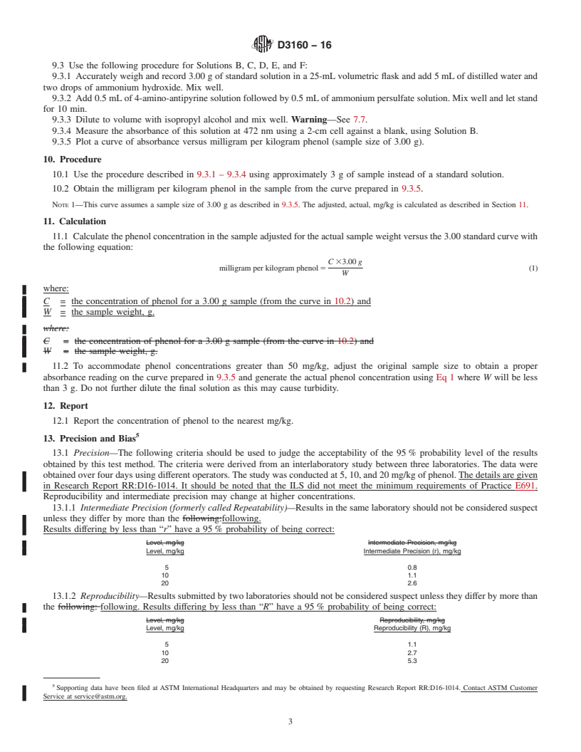 REDLINE ASTM D3160-16 - Standard Test Method for  Phenol Content of Cumene (Isopropylbenzene) or AMS (&alpha;&#x2013;Methylstyrene)