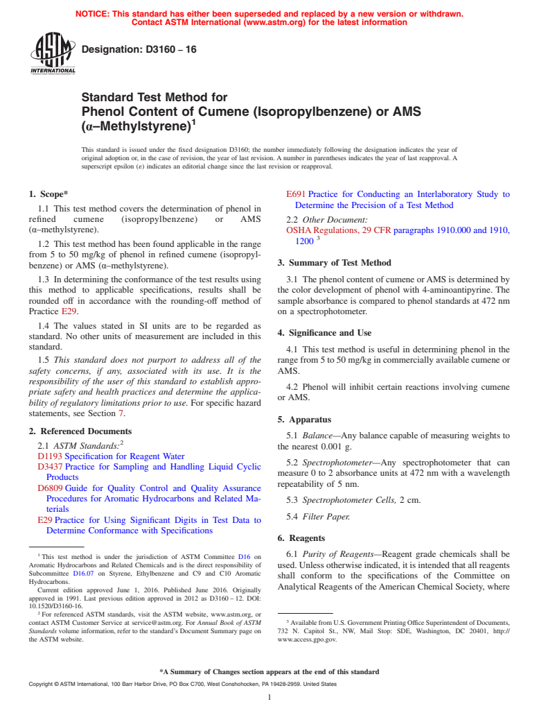 ASTM D3160-16 - Standard Test Method for  Phenol Content of Cumene (Isopropylbenzene) or AMS (&alpha;&#x2013;Methylstyrene)