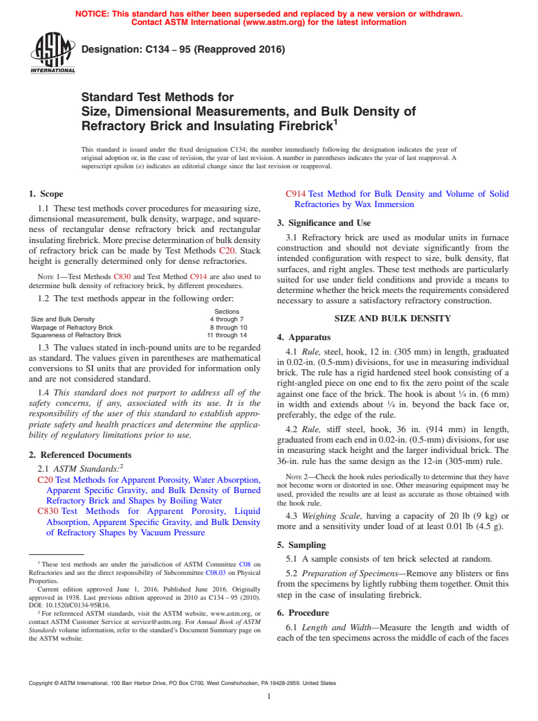 ASTM C134-95(2016) - Standard Test Methods for Size, Dimensional Measurements, and Bulk Density of Refractory   Brick and Insulating Firebrick