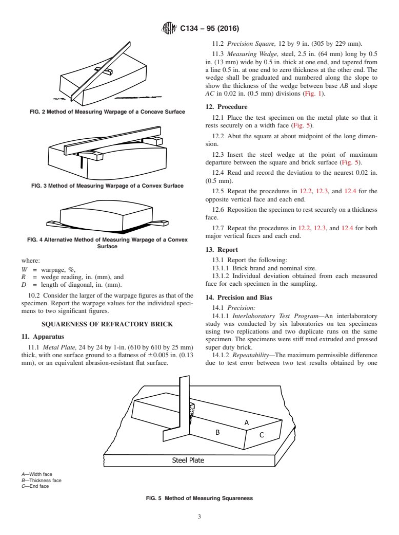 ASTM C134-95(2016) - Standard Test Methods for Size, Dimensional Measurements, and Bulk Density of Refractory   Brick and Insulating Firebrick