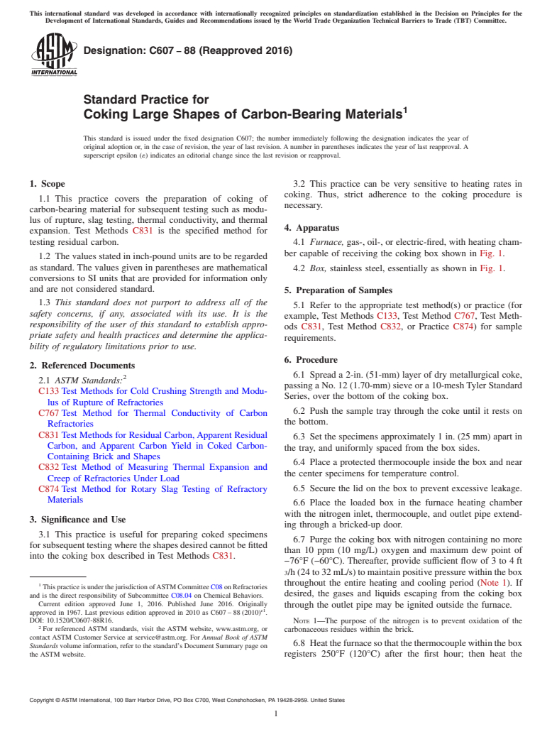 ASTM C607-88(2016) - Standard Practice for Coking Large Shapes of Carbon-Bearing Materials