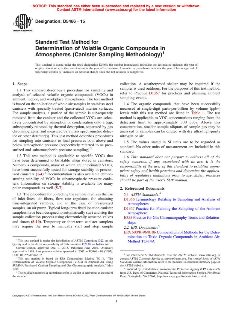 ASTM D5466-15 - Standard Test Method for  Determination of Volatile Organic Compounds in Atmospheres (Canister Sampling Methodology)