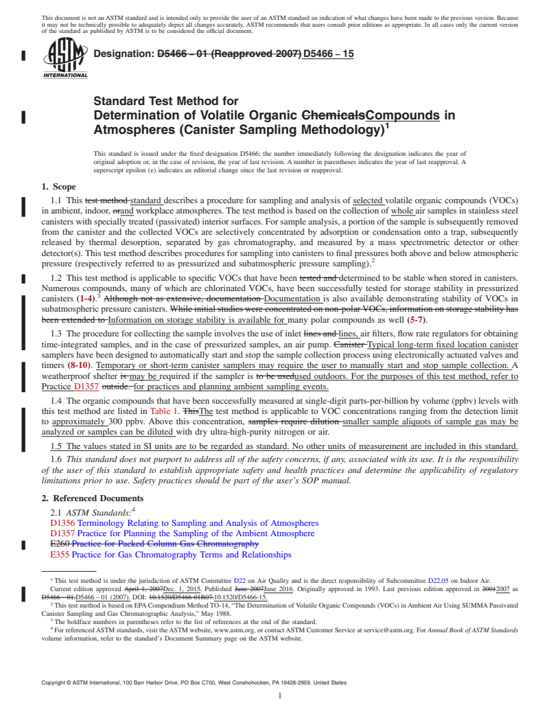 REDLINE ASTM D5466-15 - Standard Test Method for  Determination of Volatile Organic Compounds in Atmospheres (Canister Sampling Methodology)