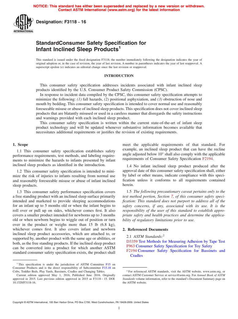 ASTM F3118-16 - Standard Consumer Safety Specification for Infant Inclined Sleep Products