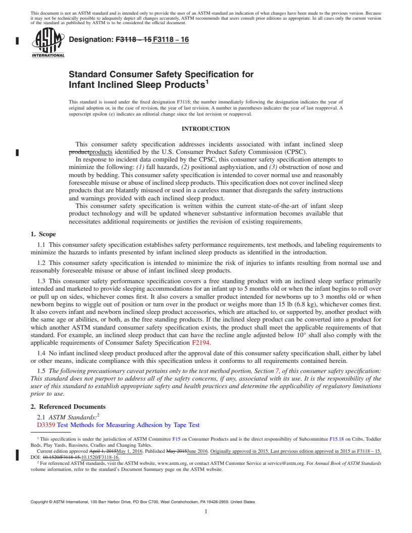 REDLINE ASTM F3118-16 - Standard Consumer Safety Specification for Infant Inclined Sleep Products