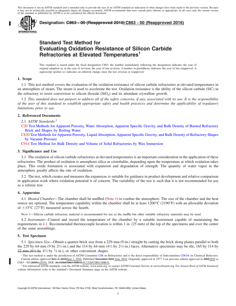 REDLINE ASTM C863-00(2016) - Standard Test Method for  Evaluating Oxidation Resistance of Silicon Carbide Refractories   at Elevated Temperatures