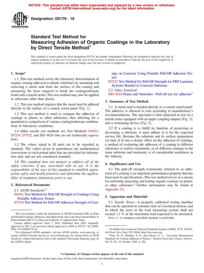 ASTM D5179-16 - Standard Test Method for Measuring Adhesion of Organic Coatings in the Laboratory by  Direct Tensile Method