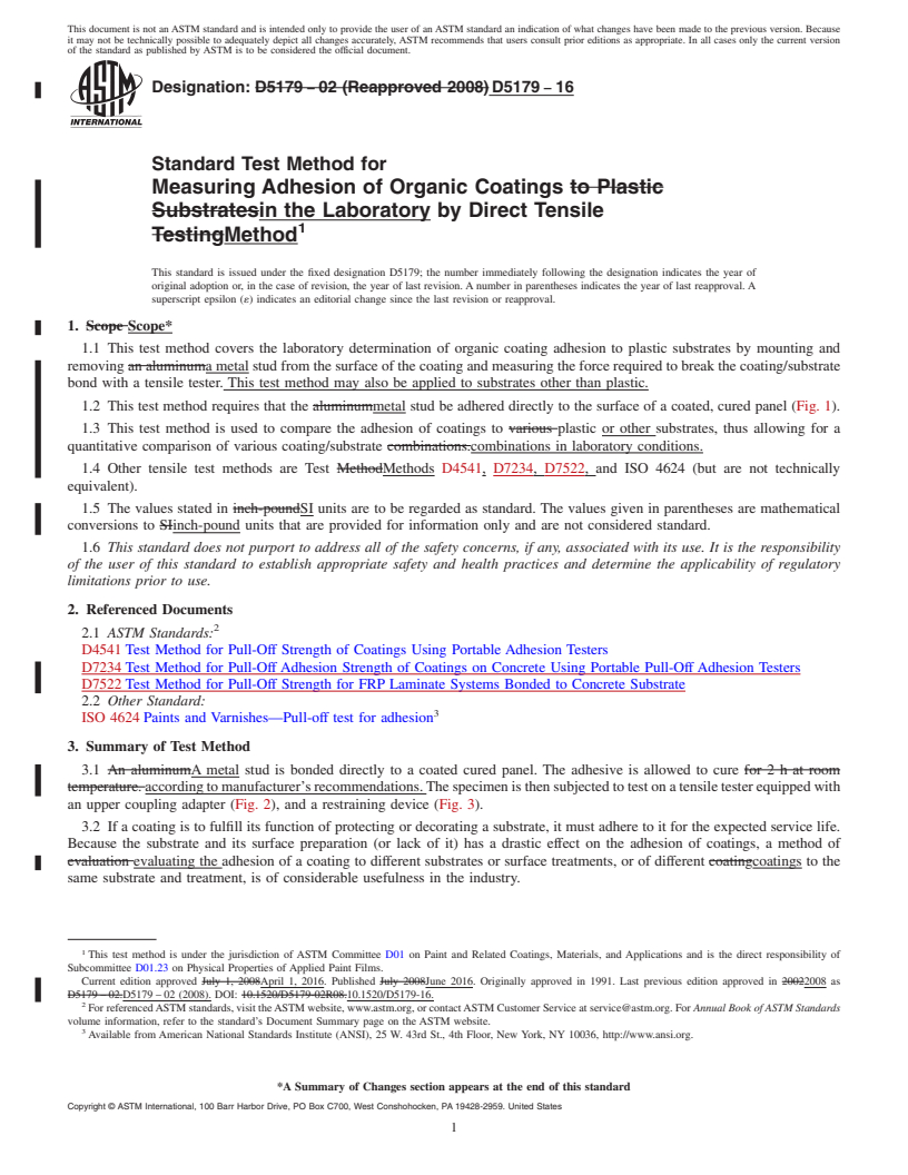 REDLINE ASTM D5179-16 - Standard Test Method for Measuring Adhesion of Organic Coatings in the Laboratory by  Direct Tensile Method