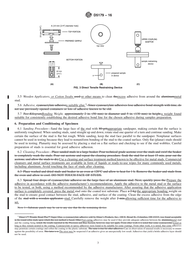 REDLINE ASTM D5179-16 - Standard Test Method for Measuring Adhesion of Organic Coatings in the Laboratory by  Direct Tensile Method