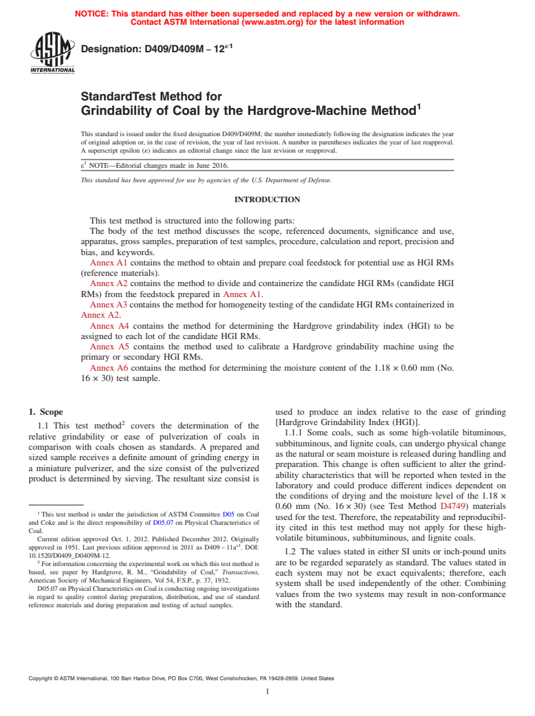 ASTM D409/D409M-12e1 - Standard Test Method for  Grindability of Coal by the Hardgrove-Machine Method