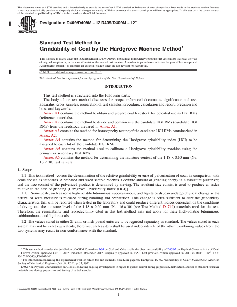 REDLINE ASTM D409/D409M-12e1 - Standard Test Method for  Grindability of Coal by the Hardgrove-Machine Method