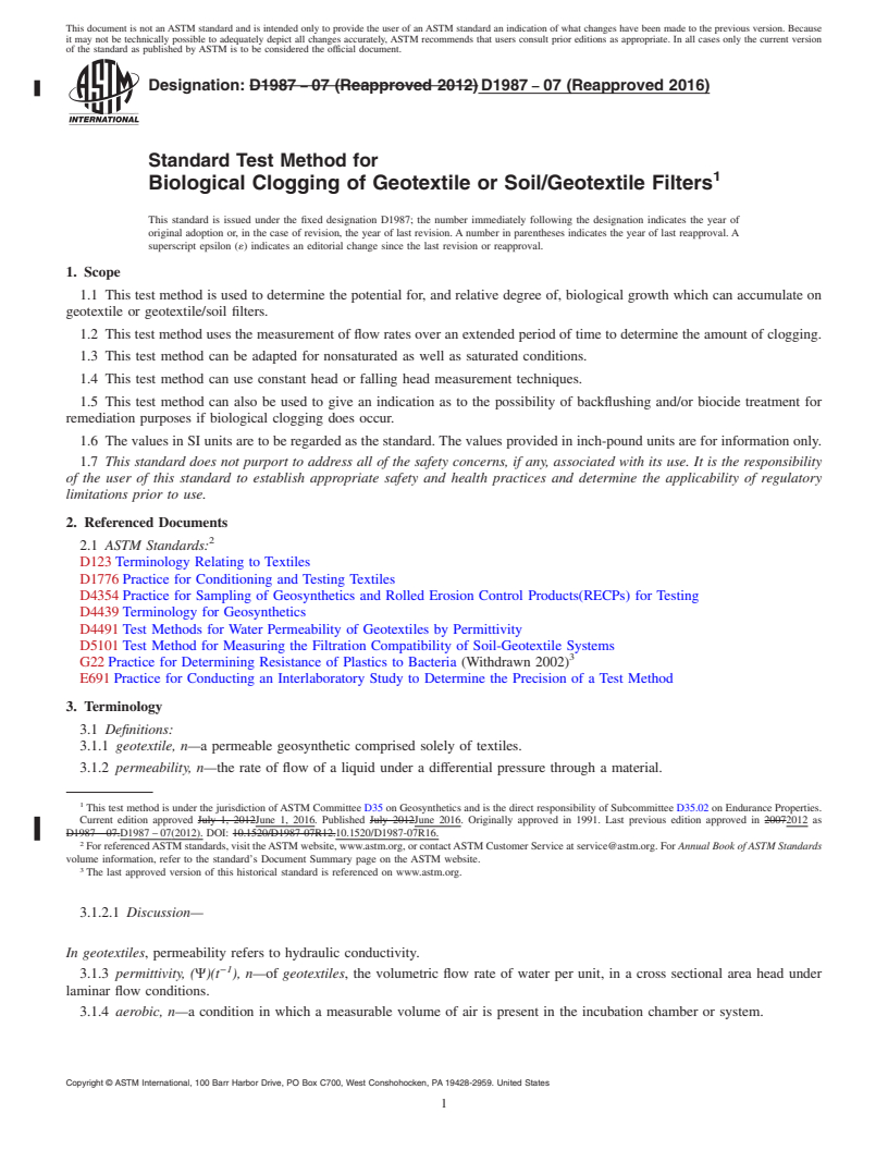 REDLINE ASTM D1987-07(2016) - Standard Test Method for  Biological Clogging of Geotextile or Soil/Geotextile Filters