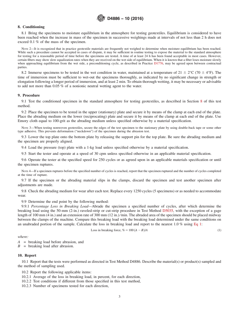 REDLINE ASTM D4886-10(2016) - Standard Test Method for  Abrasion Resistance of Geotextiles (Sand Paper/Sliding Block   Method)