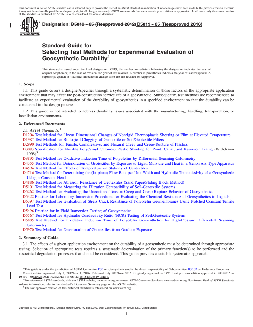 REDLINE ASTM D5819-05(2016) - Standard Guide for  Selecting Test Methods for Experimental Evaluation of Geosynthetic   Durability