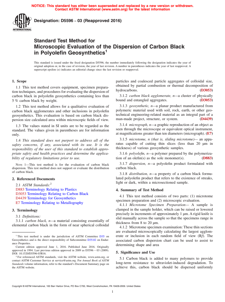 ASTM D5596-03(2016) - Standard Test Method For  Microscopic Evaluation of the Dispersion of Carbon Black in  Polyolefin Geosynthetics