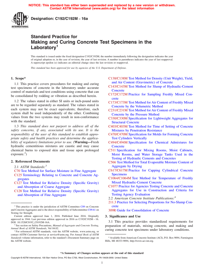 ASTM C192/C192M-16a - Standard Practice for  Making and Curing Concrete Test Specimens in the Laboratory