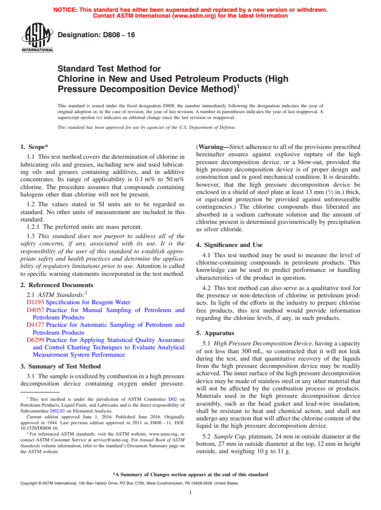 ASTM D808-16 - Standard Test Method for  Chlorine in New and Used Petroleum Products (High Pressure   Decomposition Device Method) (Withdrawn 2021)