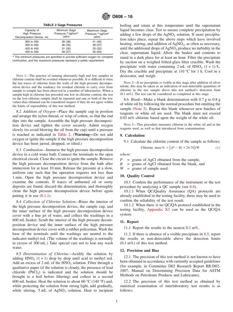 ASTM D808-16 - Standard Test Method for  Chlorine in New and Used Petroleum Products (High Pressure   Decomposition Device Method) (Withdrawn 2021)