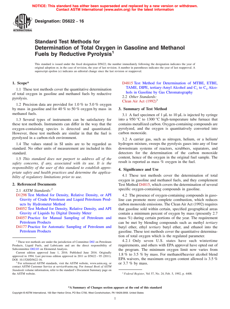 ASTM D5622-16 - Standard Test Methods for  Determination of Total Oxygen in Gasoline and Methanol Fuels  by Reductive Pyrolysis