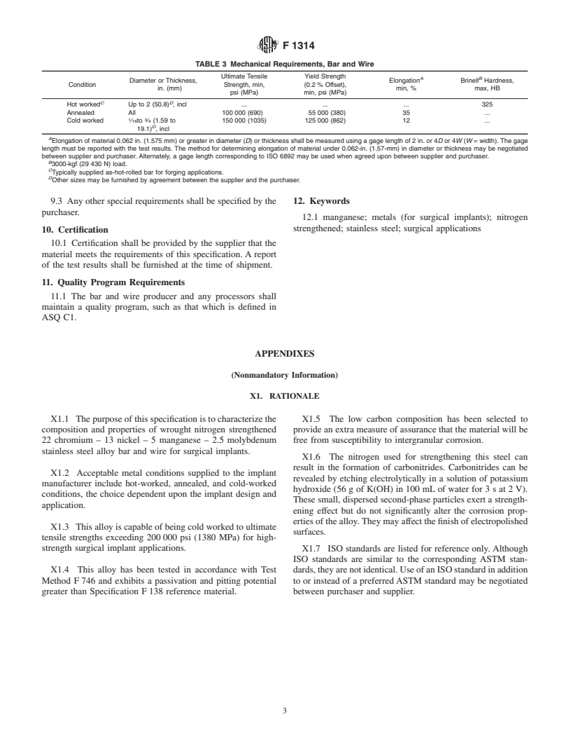 ASTM F1314-01 - Standard Specification for Wrought Nitrogen Strengthened 22 Chromium - 13 Nickel - 5 Manganese - 2.5 Molybdenum Stainless Steel Alloy Bar and Wire for Surgical Implants (UNS S20910)