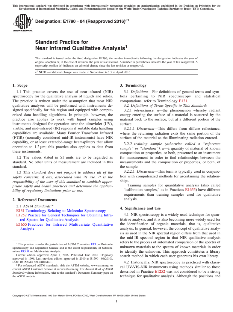ASTM E1790-04(2016)e1 - Standard Practice for Near Infrared Qualitative Analysis