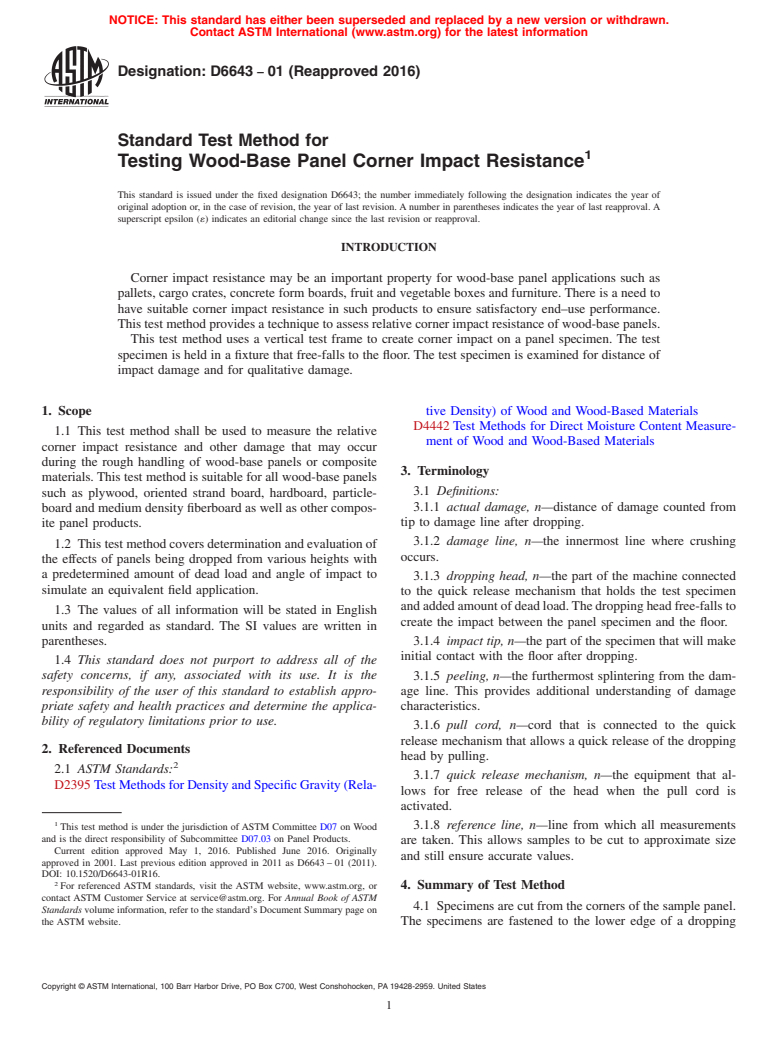 ASTM D6643-01(2016) - Standard Test Method for  Testing Wood-Base Panel Corner Impact Resistance