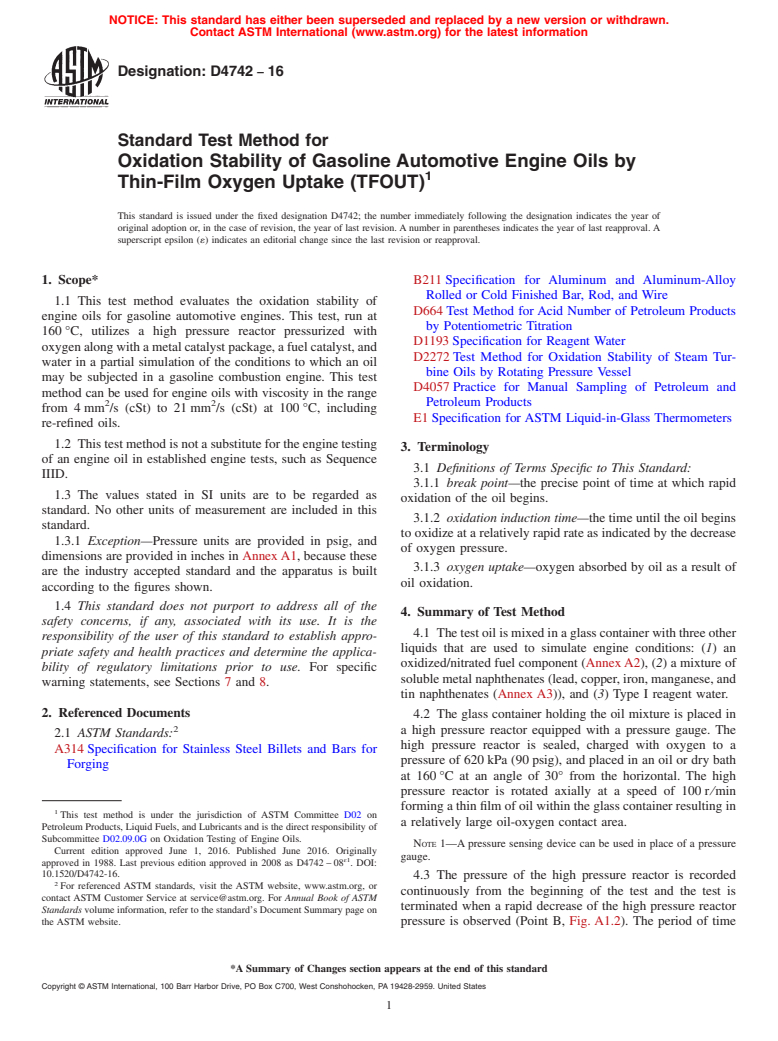 ASTM D4742-16 - Standard Test Method for  Oxidation Stability of Gasoline Automotive Engine Oils by Thin-Film   Oxygen Uptake (TFOUT)