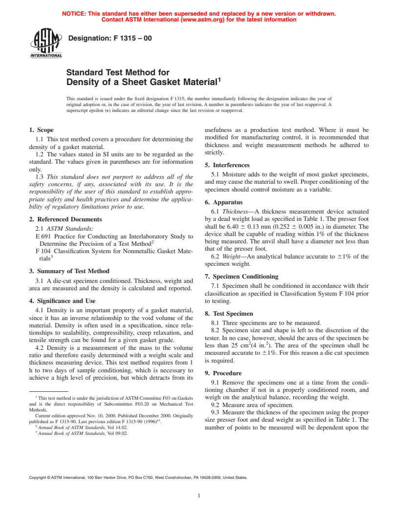 ASTM F1315-00 - Standard Test Method for Density of a Sheet Gasket Material