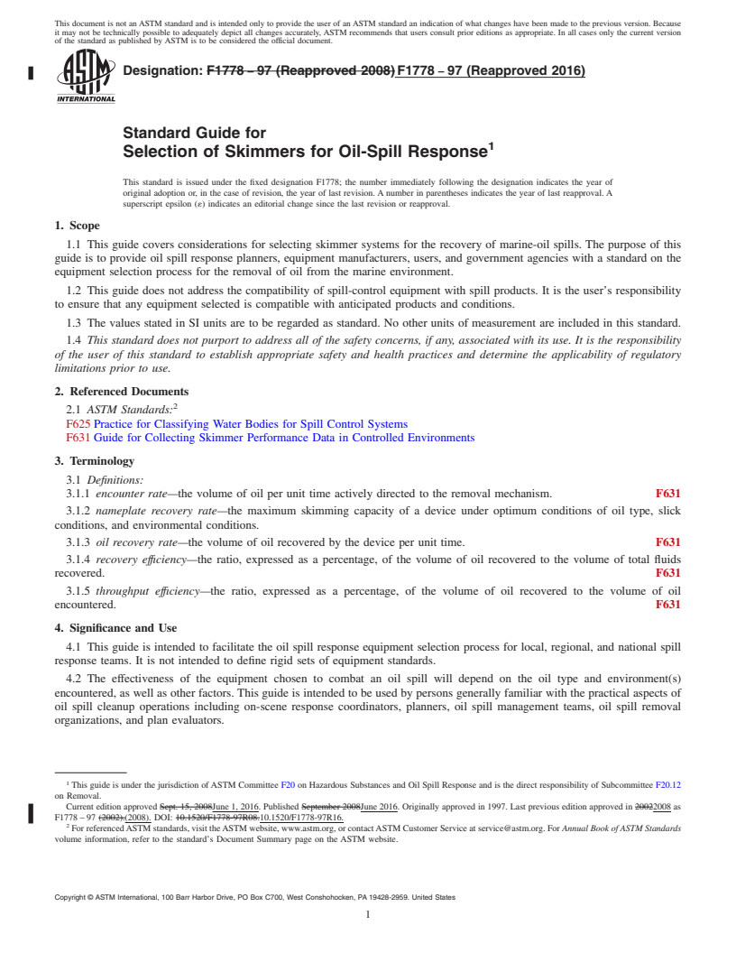 REDLINE ASTM F1778-97(2016) - Standard Guide for  Selection of Skimmers for Oil-Spill Response