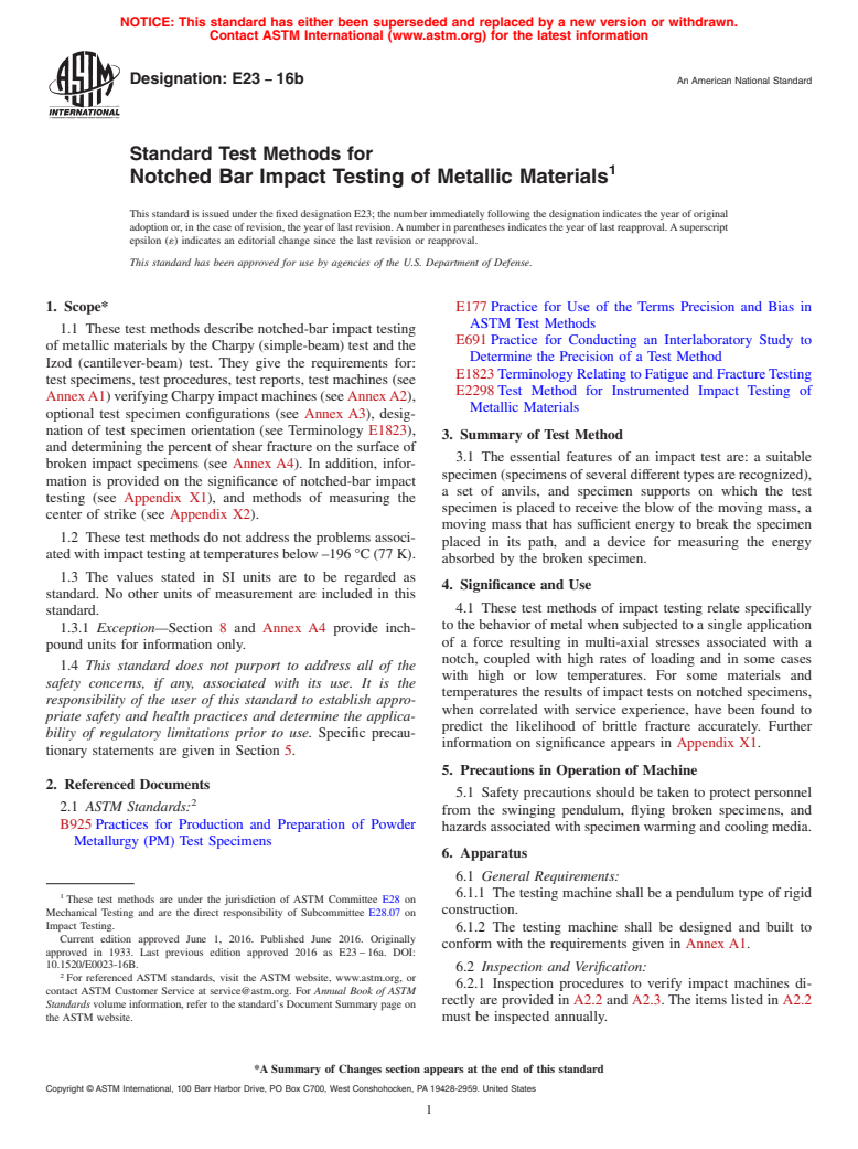 ASTM E23-16b - Standard Test Methods for Notched Bar Impact Testing of Metallic Materials