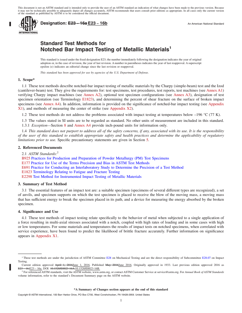 REDLINE ASTM E23-16b - Standard Test Methods for Notched Bar Impact Testing of Metallic Materials