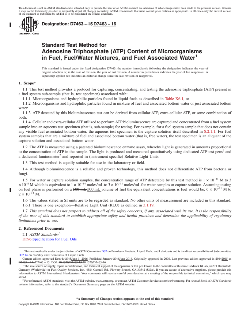 REDLINE ASTM D7463-16 - Standard Test Method for  Adenosine Triphosphate (ATP) Content of Microorganisms in Fuel,  Fuel/Water Mixtures, and Fuel Associated Water