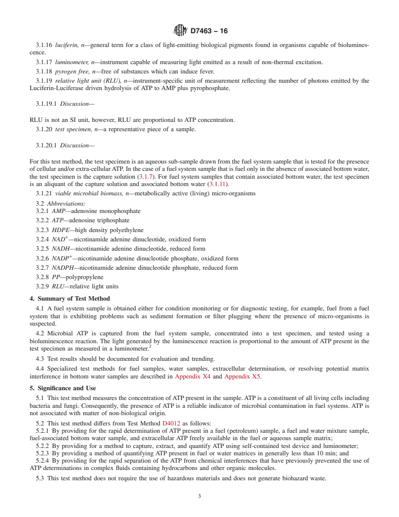 REDLINE ASTM D7463-16 - Standard Test Method for  Adenosine Triphosphate (ATP) Content of Microorganisms in Fuel,  Fuel/Water Mixtures, and Fuel Associated Water