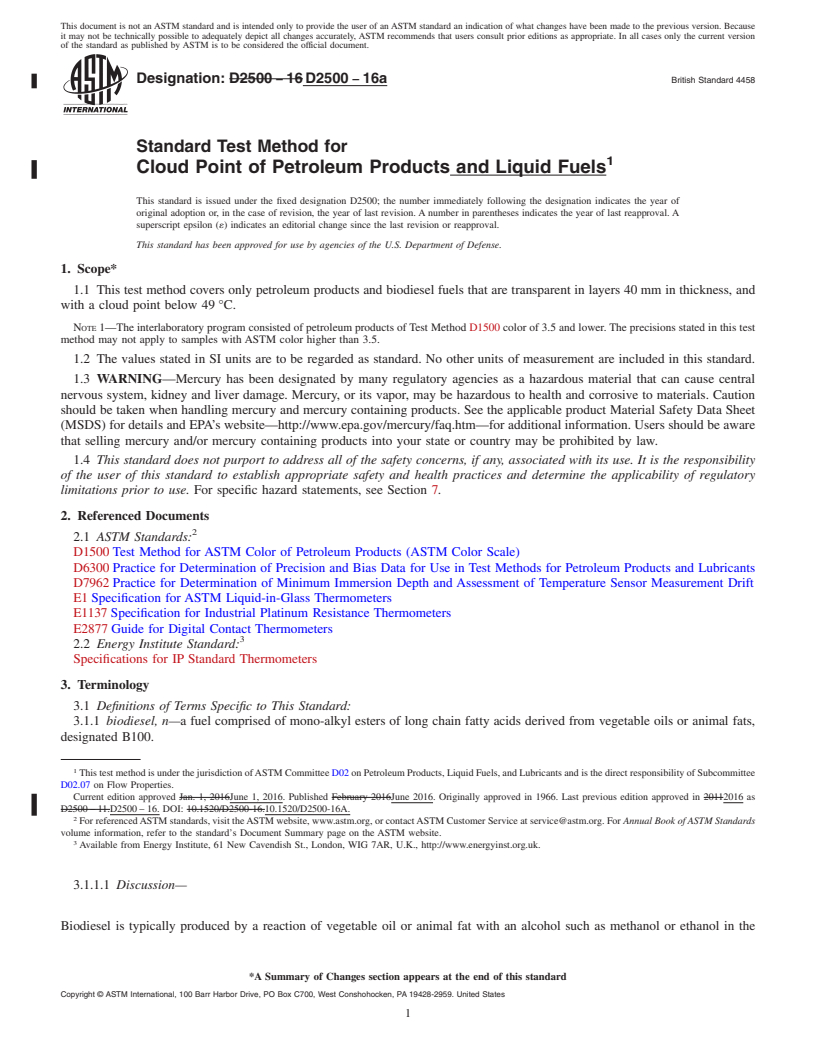 REDLINE ASTM D2500-16a - Standard Test Method for Cloud Point of Petroleum Products and Liquid Fuels