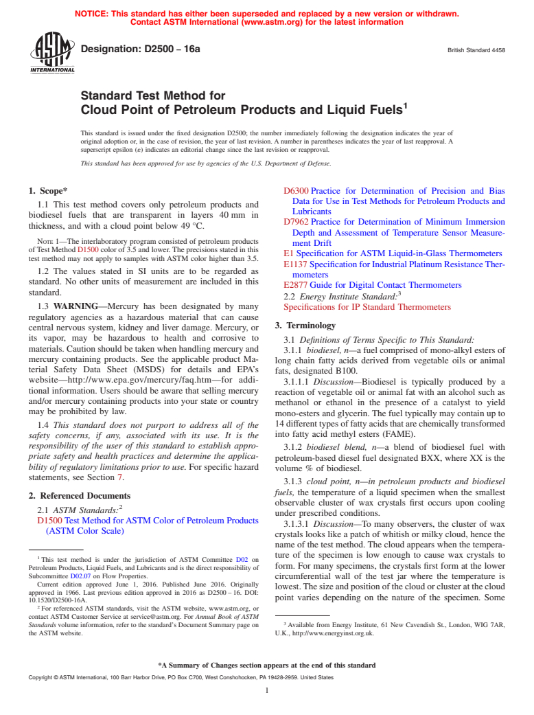 ASTM D2500-16a - Standard Test Method for Cloud Point of Petroleum Products and Liquid Fuels