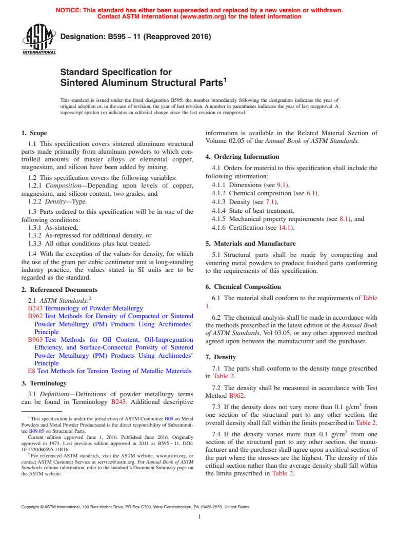 ASTM B595-11(2016) - Standard Specification for  Sintered Aluminum Structural Parts