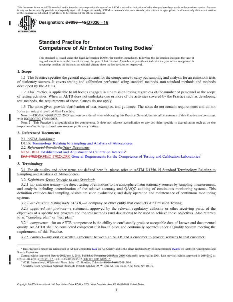 REDLINE ASTM D7036-16 - Standard Practice for  Competence of Air Emission Testing Bodies