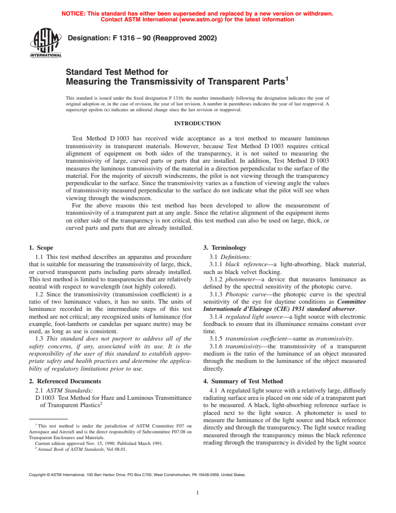 ASTM F1316-90(2002) - Standard Test Method for Measuring the Transmissivity of Transparent Parts