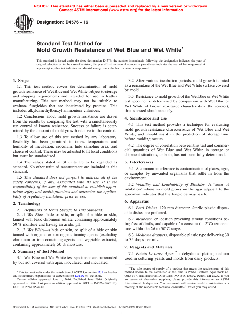 ASTM D4576-16 - Standard Test Method for  Mold Growth Resistance of Wet Blue and Wet White