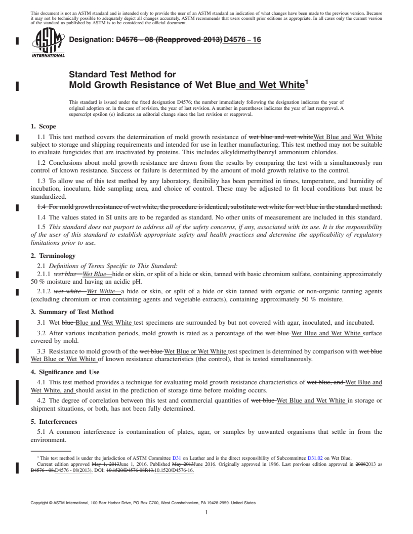 REDLINE ASTM D4576-16 - Standard Test Method for  Mold Growth Resistance of Wet Blue and Wet White