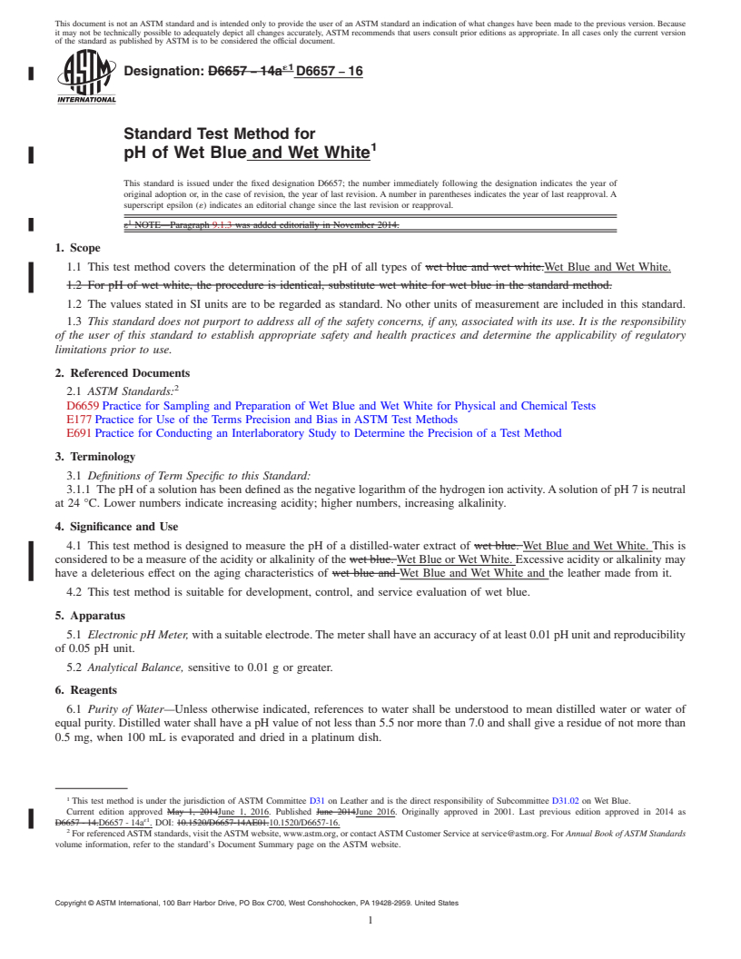 REDLINE ASTM D6657-16 - Standard Test Method for  pH of Wet Blue and Wet White