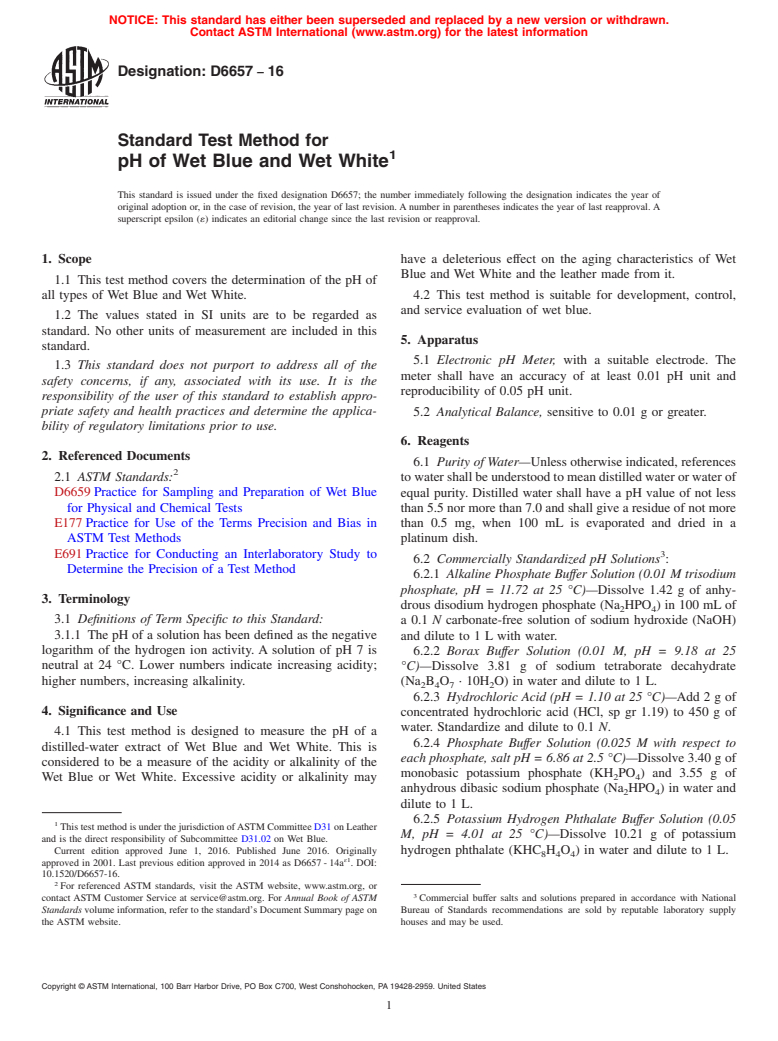 ASTM D6657-16 - Standard Test Method for  pH of Wet Blue and Wet White